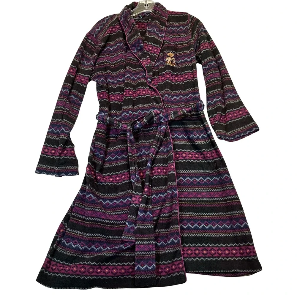 Lauren Ralph Lauren Robe Women Size M Purple Fair Isle Fleece Loungewear 8141537